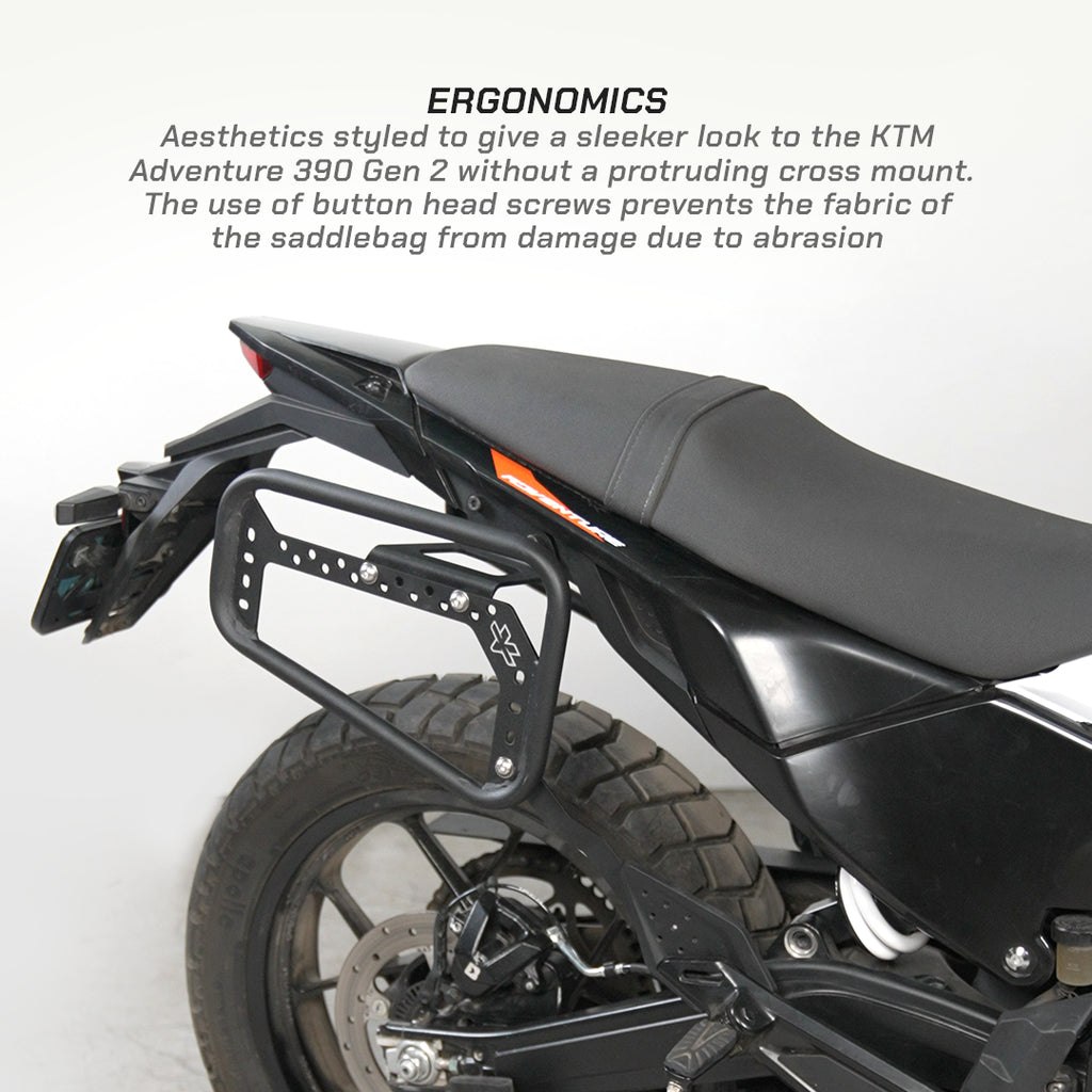 Saddlebag Rack - KTM Adventure 390 Gen 2 Motorcycle with a saddlebag guard on a white background, featuring text about KTM Adventure 390 Gen 2.