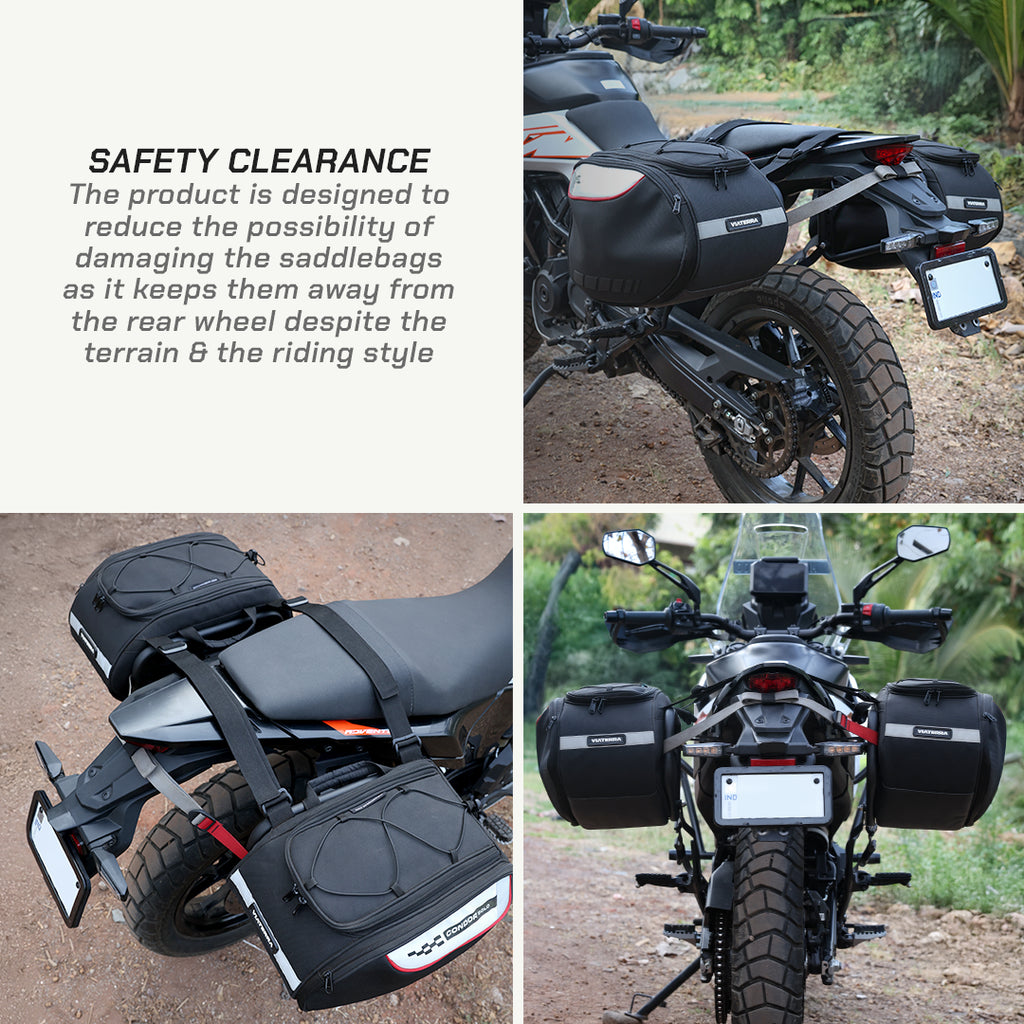 Saddlebag Rack - KTM Enduro 390 Motorcycle with saddlebags on a dirt road, highlighting safety clearance feature.