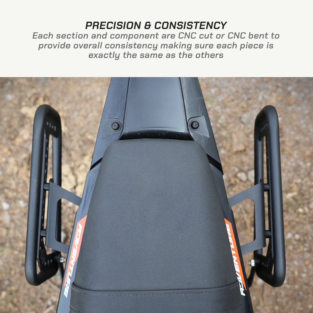 Saddlebag Rack - KTM Adventure 390 Gen 2 Close-up of a bike seat with text about CNC precision and consistency.