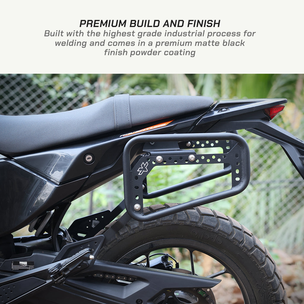 Saddlebag Rack - KTM Enduro 390 Motorcycle with a premium build and finish feature highlighted, showing a matte black powder coating.