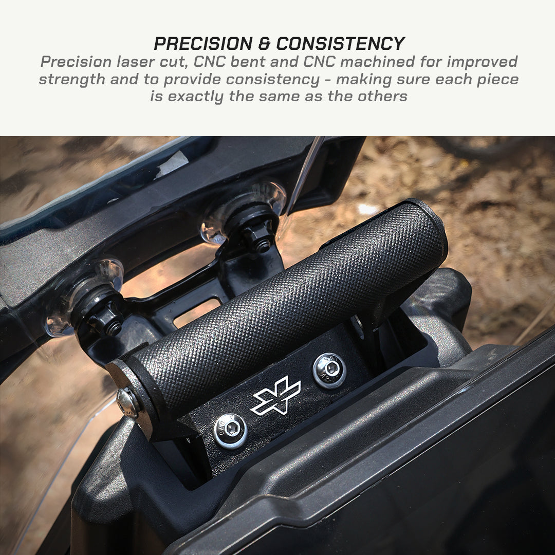KTM Adventure 250 GEN 2 Mobile Mount Close-up of a black metal component with text about precision and consistency.