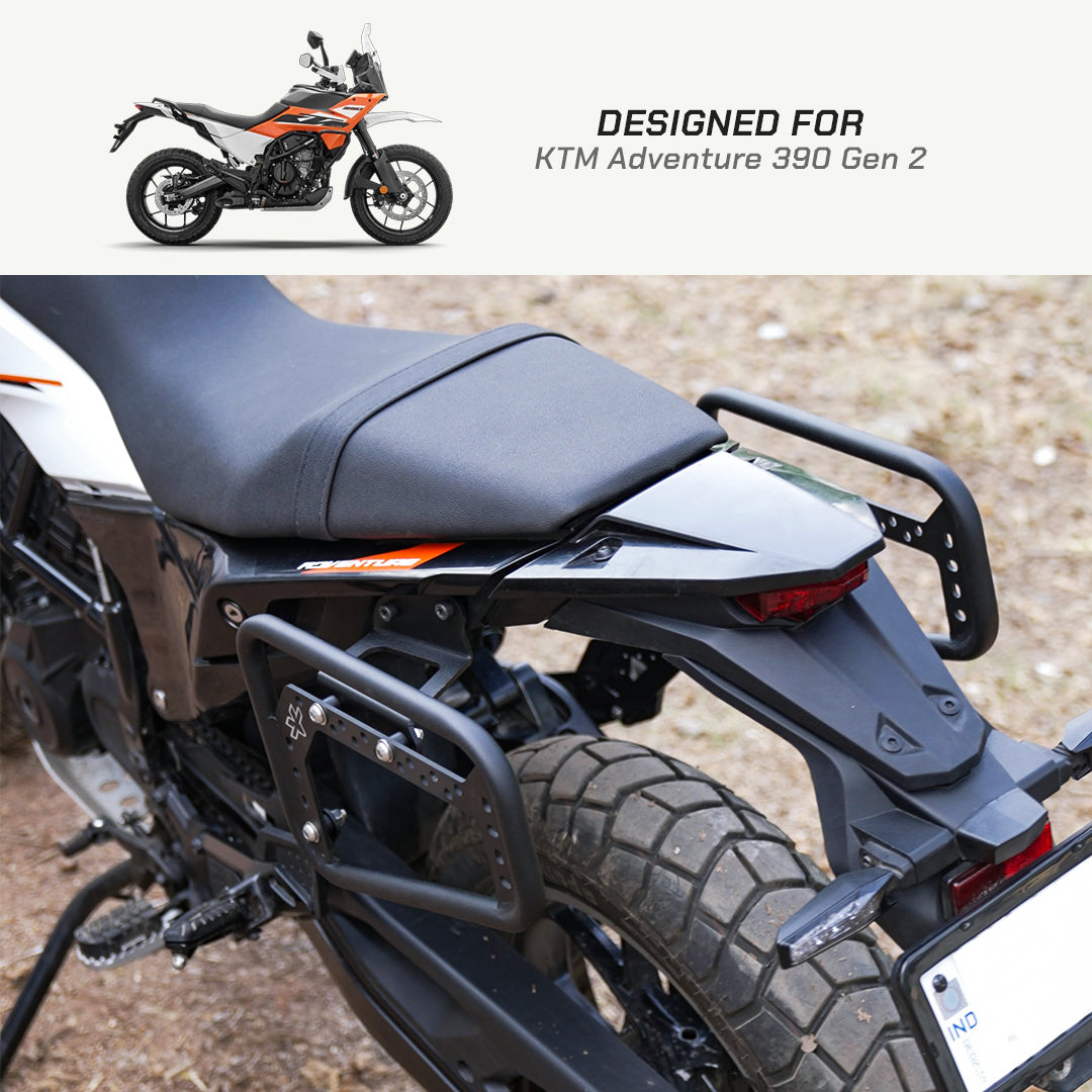 Saddlebag Rack - KTM Adventure 390 Gen 2 Motorcycle seat and rear section with KTM Adventure 390 Gen 2 branding.