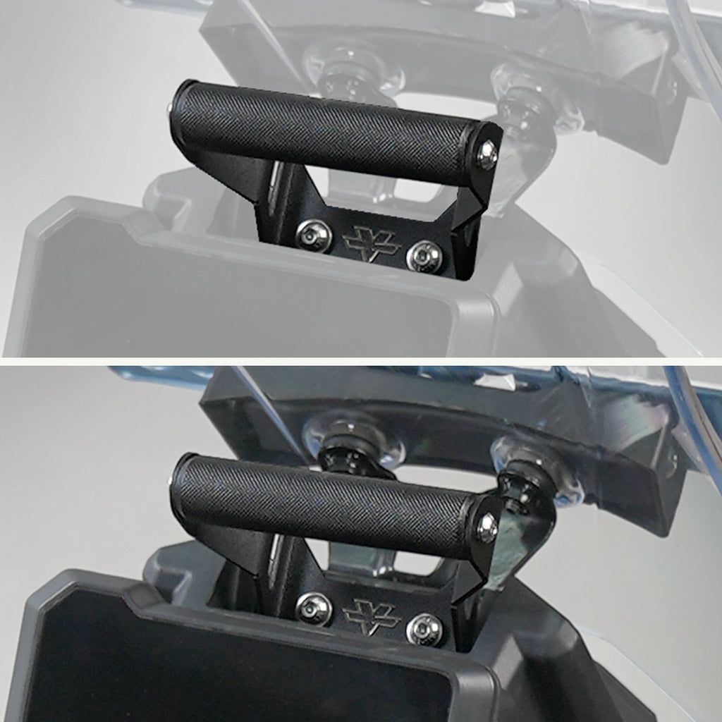 KTM Adventure 390 GEN 2 Mobile Mount Close-up of a motorcycle handlebar with a black grip on a gray background
