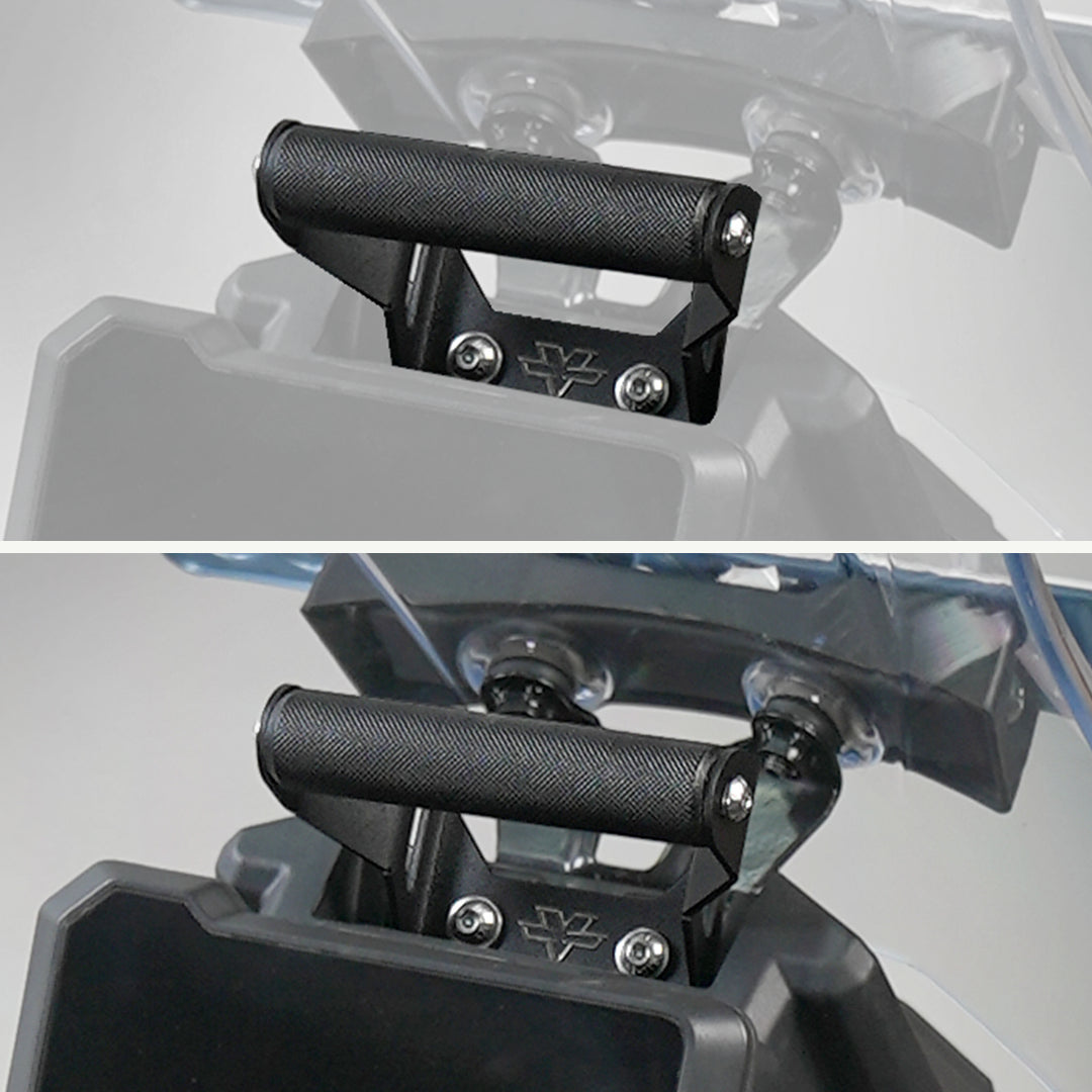 KTM Adventure 390 GEN 2 Mobile Mount Close-up of a motorcycle handlebar with a black grip on a gray background