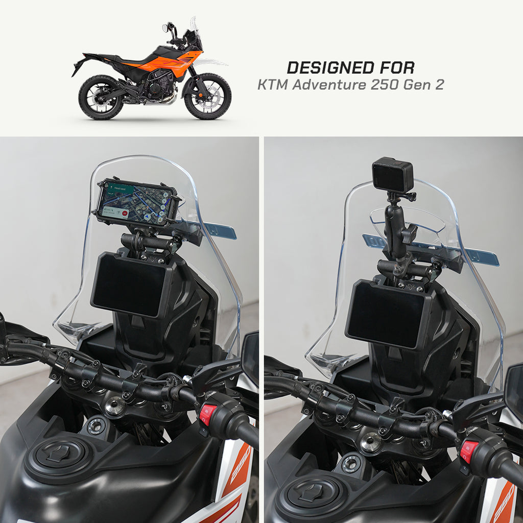 KTM Adventure 250 GEN 2 Mobile Mount Motorcycle with mounted camera and screen setup, designed for KTM Adventure 250 Gen 2.