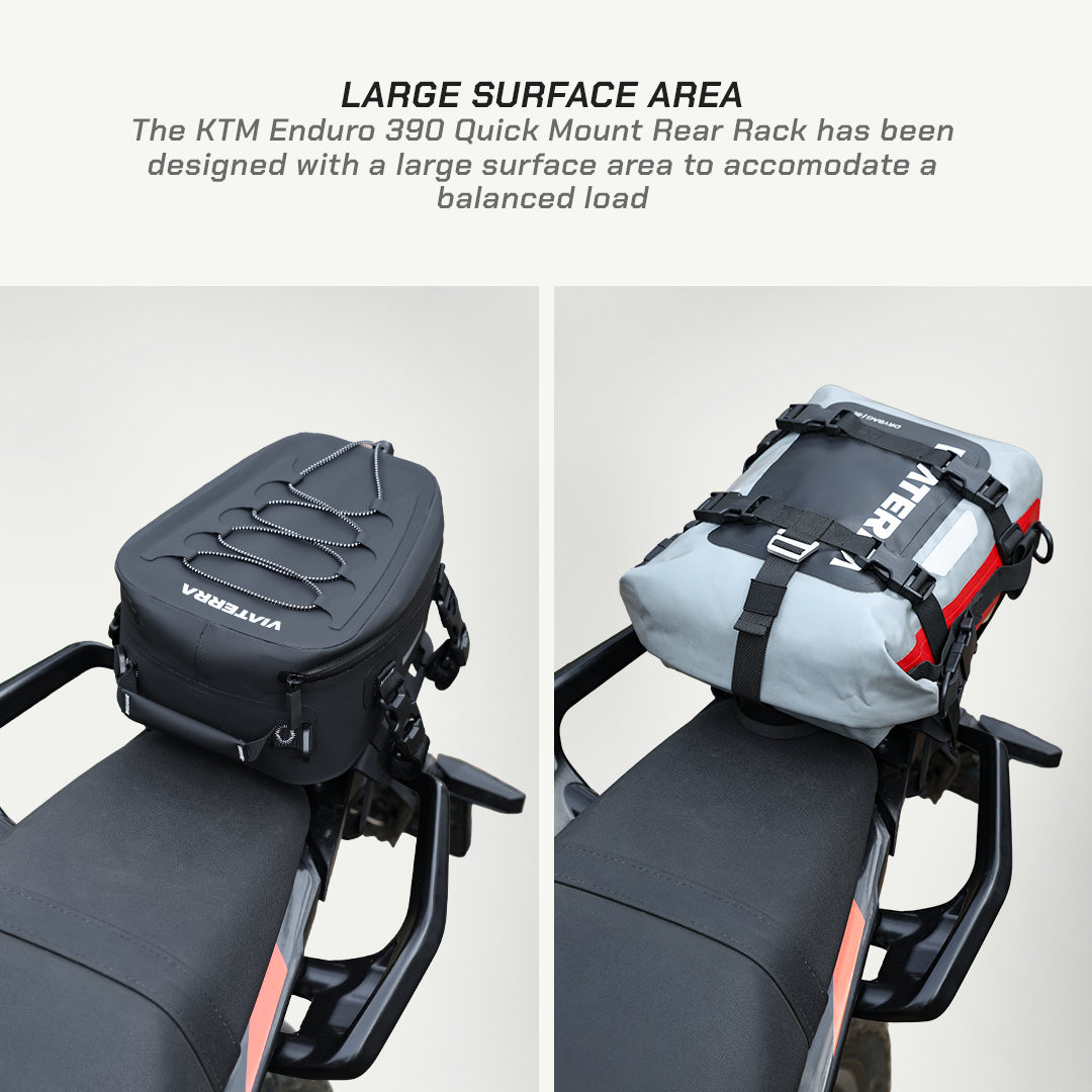 KTM Enduro 390 Quick Mount Rear Rack with a large surface area for balanced load on a motorcycle.
