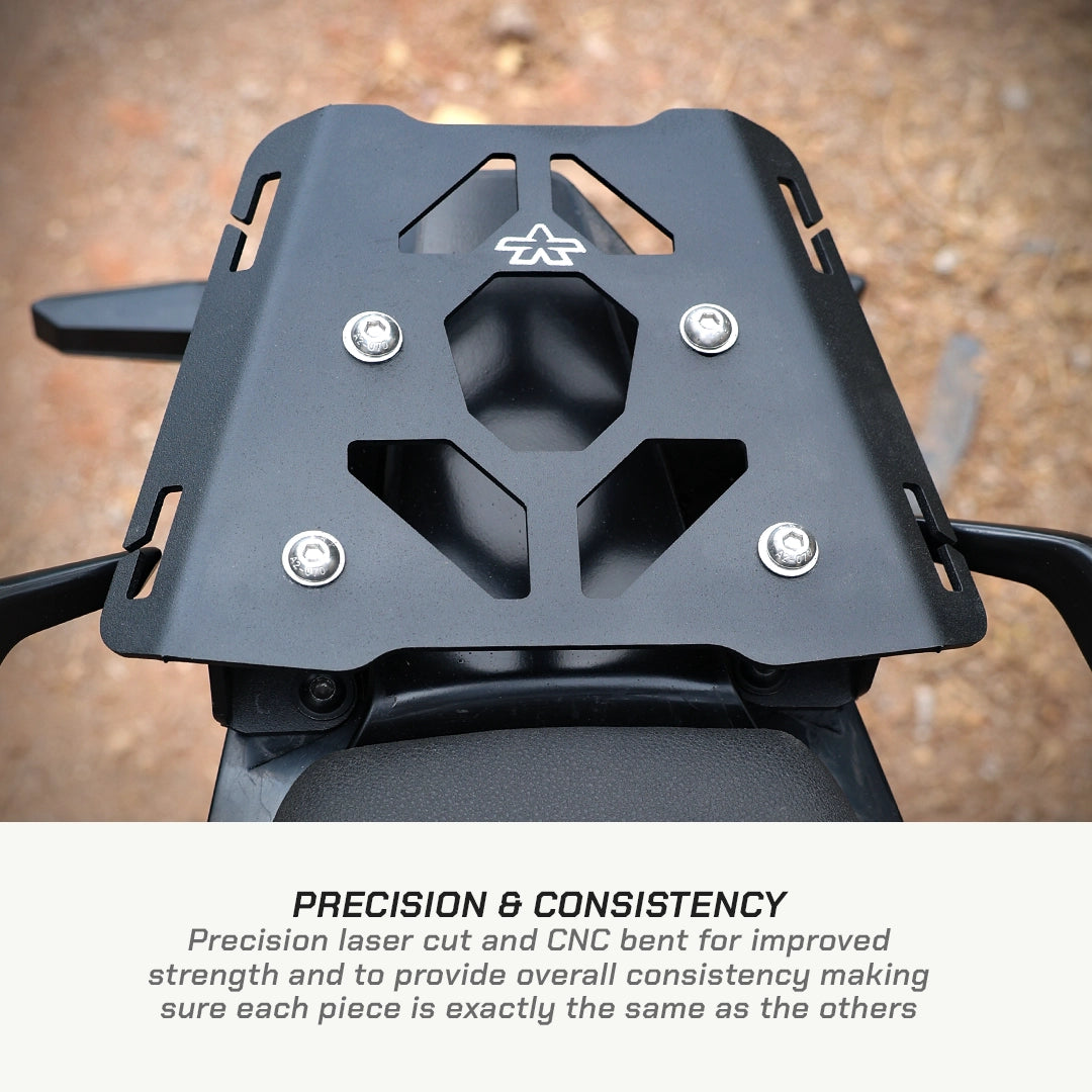 KTM Enduro 390 Black motorcycle luggage rack with precision laser cut design on a blurred background