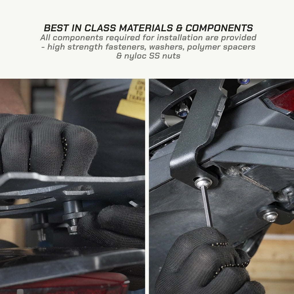 KTM Enduro 390 Close-up of hands installing components on a vehicle with text about materials and installation.