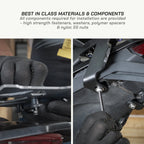 KTM Enduro 390 Close-up of hands installing components on a vehicle with text about materials and installation.