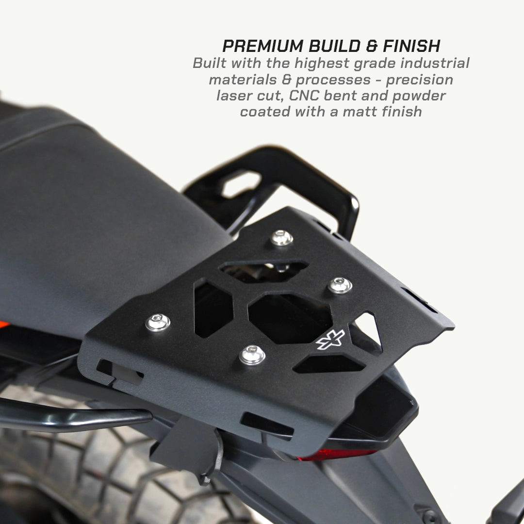KTM Adventure 250 Gen 2 Motorcycle luggage rack with text about premium build and finish
