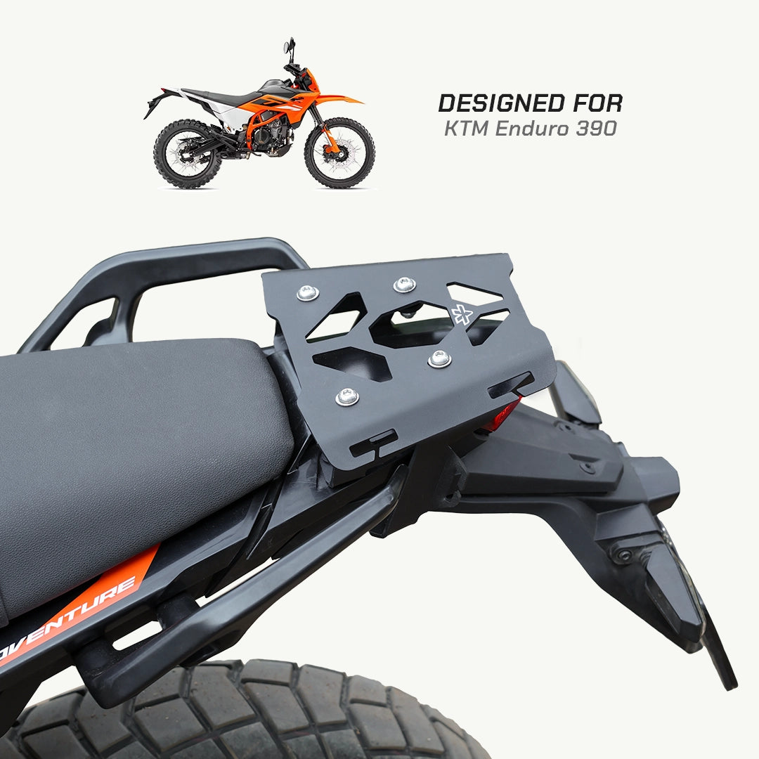 KTM Enduro 390 Motorcycle seat with a mounted plate, designed for KTM Enduro 390, on a white background.