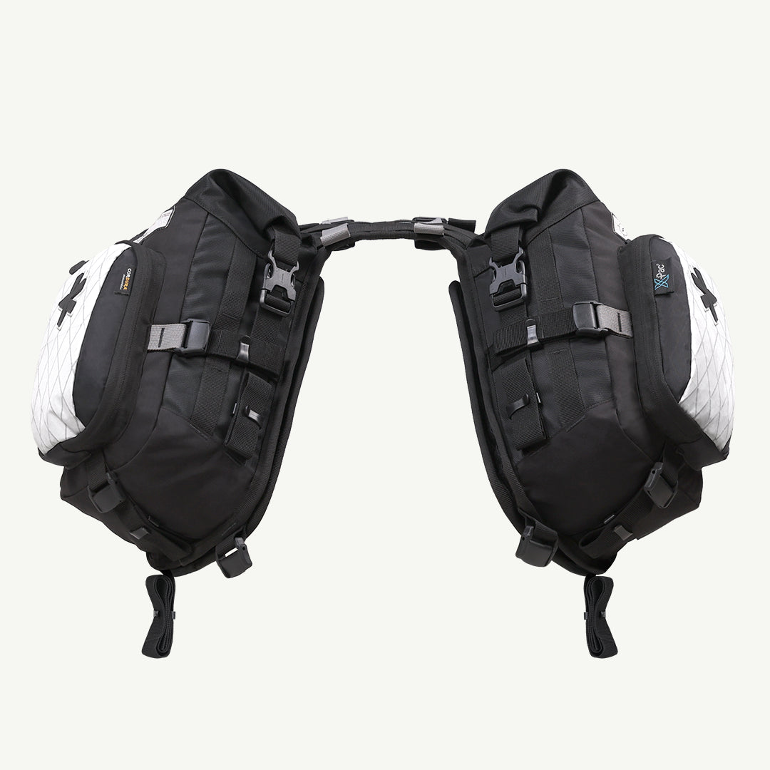 LFA Enduro Saddle Bag Black backpack with white accents on a light gray background