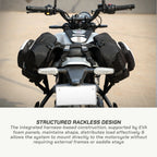 LFA Enduro Saddle Bag Motorcycle with saddlebags and structured rackless design on a blurred background