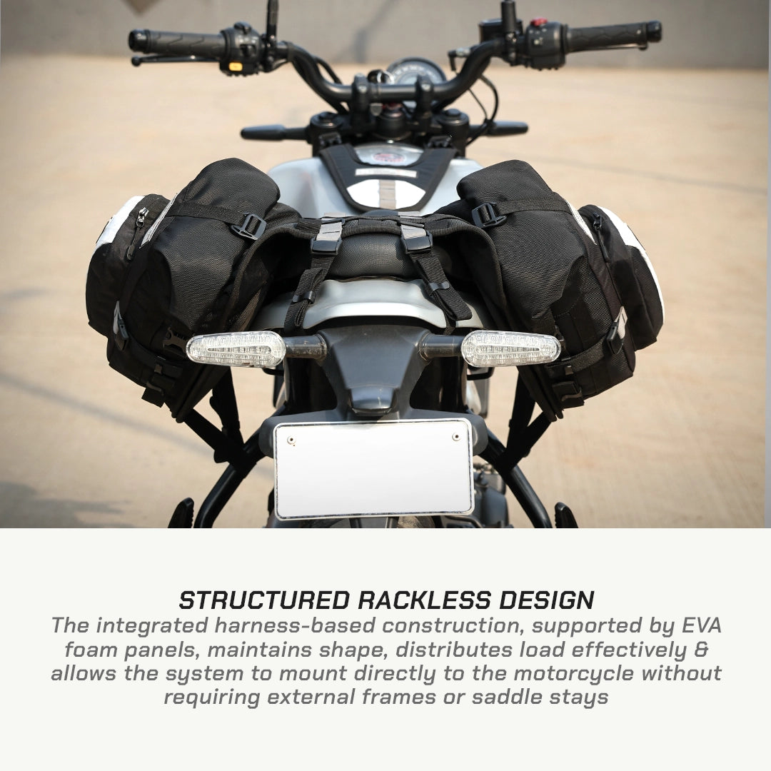 LFA Enduro Saddle Bag Motorcycle with saddlebags and structured rackless design on a blurred background