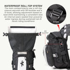 LFA Enduro Saddle Bag Black and white backpack with waterproof roll-top system features and text description.