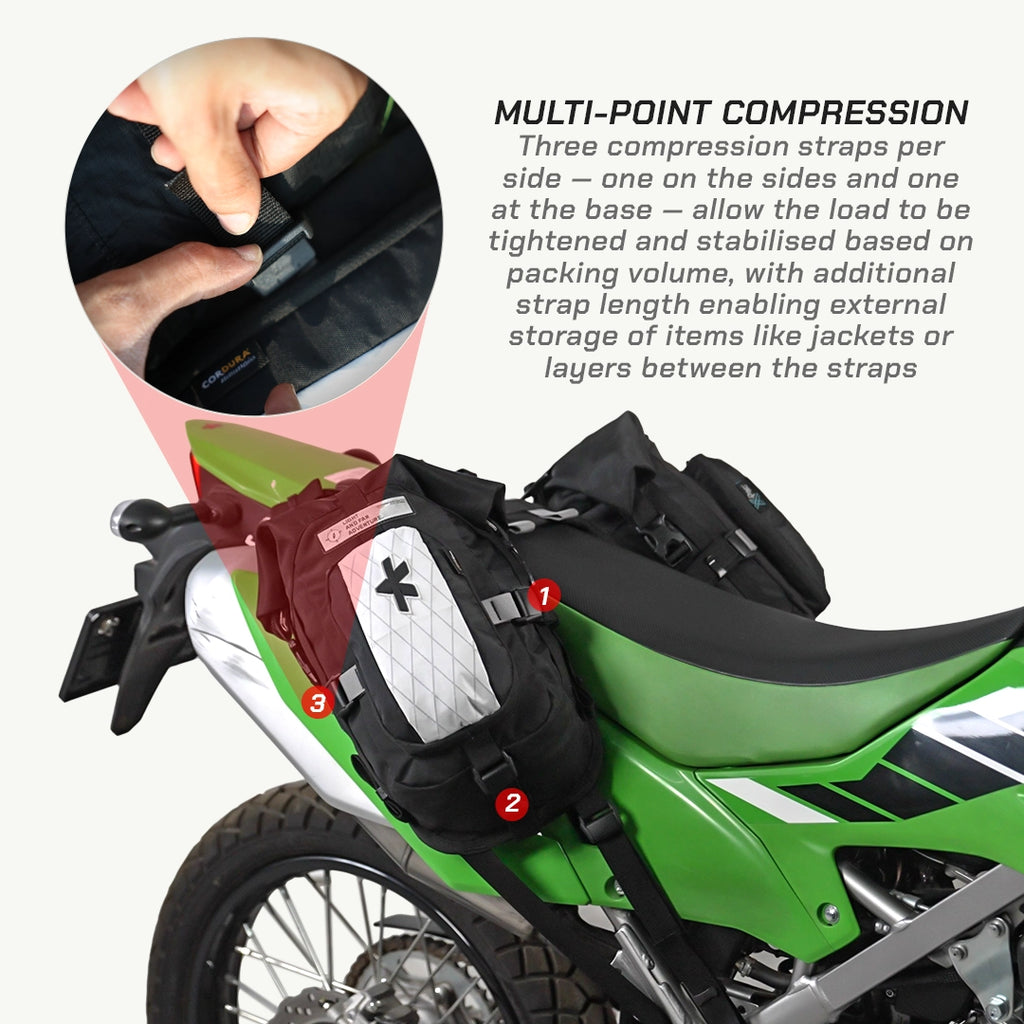 LFA Enduro Saddle Bag Motorcycle with a multi-point compression bag system on a white background