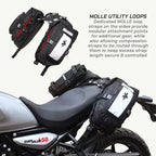 LFA Enduro Saddle Bag Motorcycle with black MOLLE utility loops attached to the sides, featuring text about MOLLE loops.