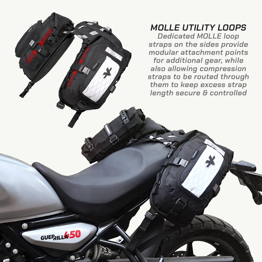 LFA Enduro Saddle Bag Motorcycle with black MOLLE utility loops attached to the sides, featuring text about MOLLE loops.