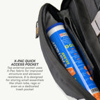 LFA Enduro Saddle BagX-Pac quick access pocket with a can of lubricant inside, featuring text about the pocket's design.