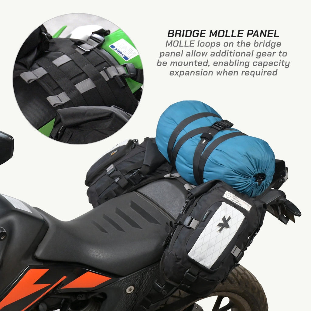 LFA Enduro Saddle Bag Motorcycle with gear mounted, highlighting a bridge MOLLE panel system.
