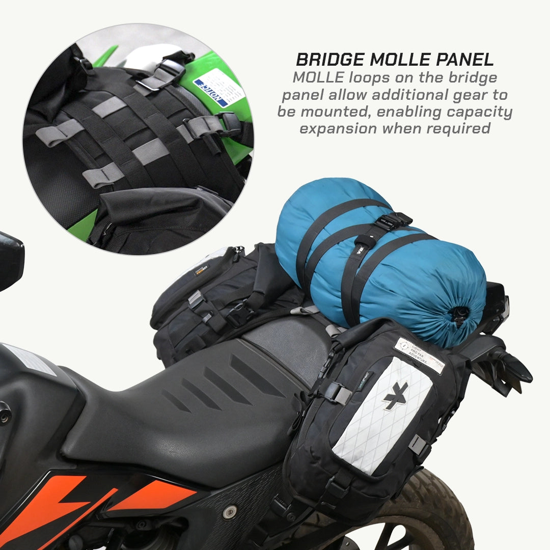 LFA Enduro Saddle Bag Motorcycle with gear mounted, highlighting a bridge MOLLE panel system.