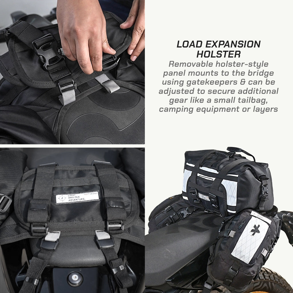 LFA Enduro Saddle Bag Black load expansion holster attached to a motorcycle saddlebag with text explaining its features.