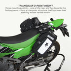 LFA Enduro Saddle Bag Green motorcycle with black saddlebags and triangular 3-point mount system on a white background