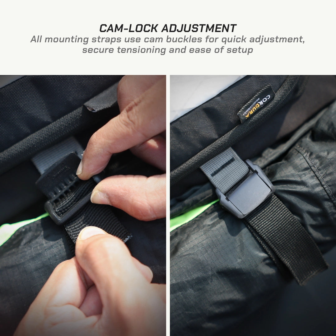 LFA Enduro Saddle Bag Cam-lock adjustment feature on a mounting strap with a hand demonstrating the process.