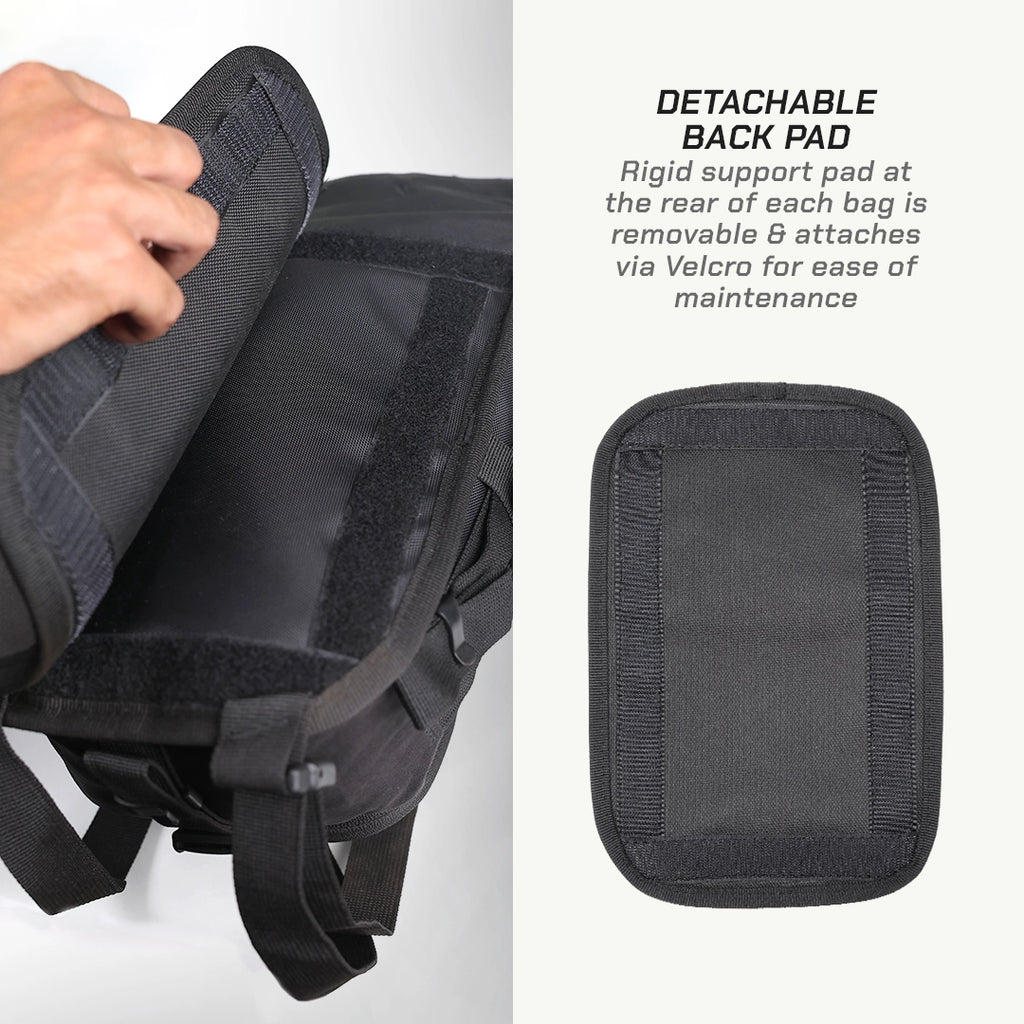 LFA Enduro Saddle Bag Black backpack with detachable back pad and text explaining its features.