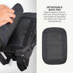 LFA Enduro Saddle Bag Black backpack with detachable back pad and text explaining its features.
