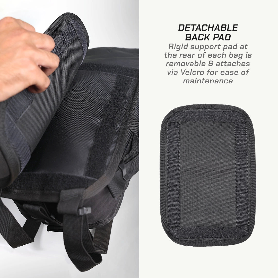 LFA Enduro Saddle Bag Black backpack with detachable back pad and text explaining its features.