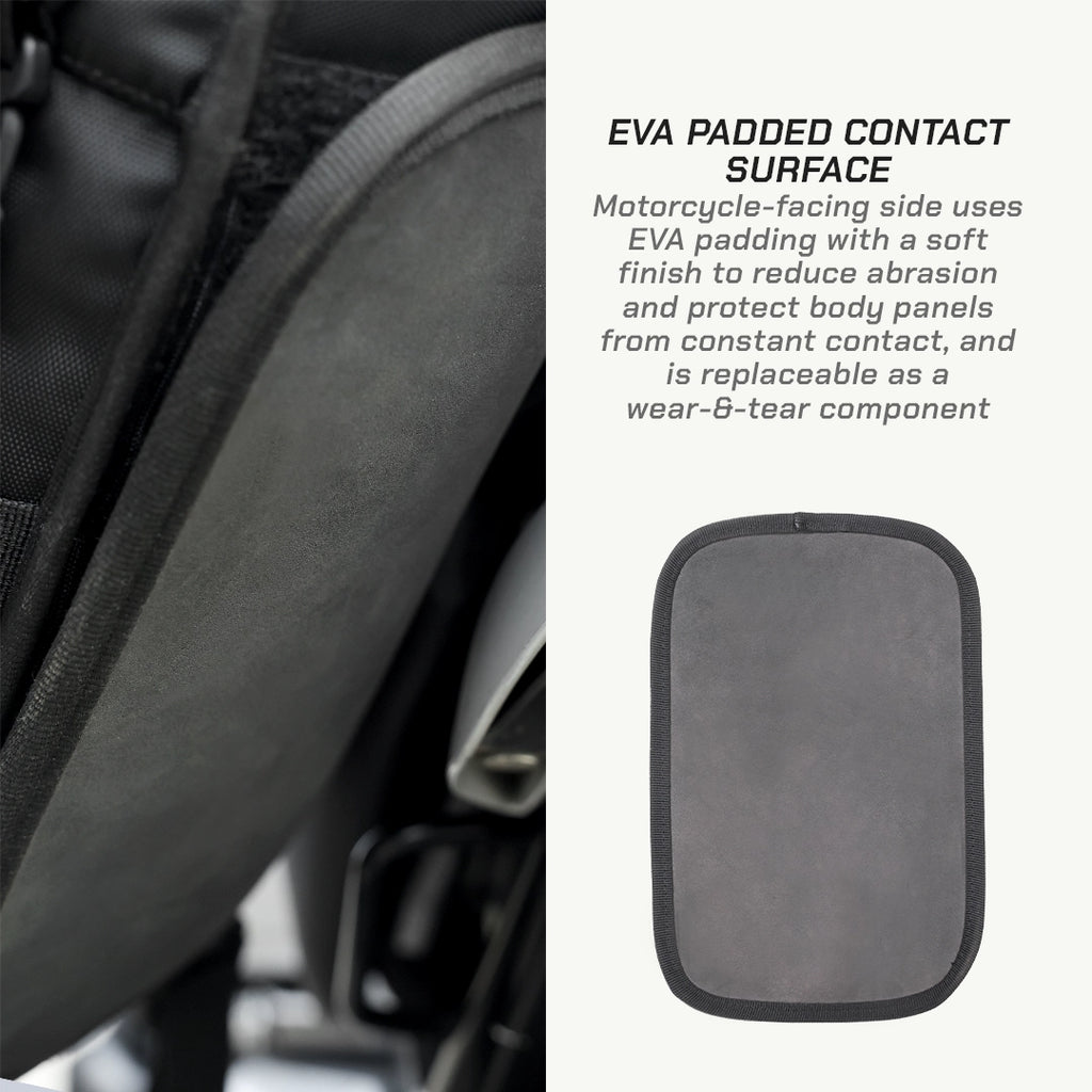 LFA Enduro Saddle Bag EVA padded contact surface on a motorcycle seat with text explaining its function.