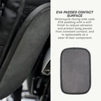 LFA Enduro Saddle Bag EVA padded contact surface on a motorcycle seat with text explaining its function.