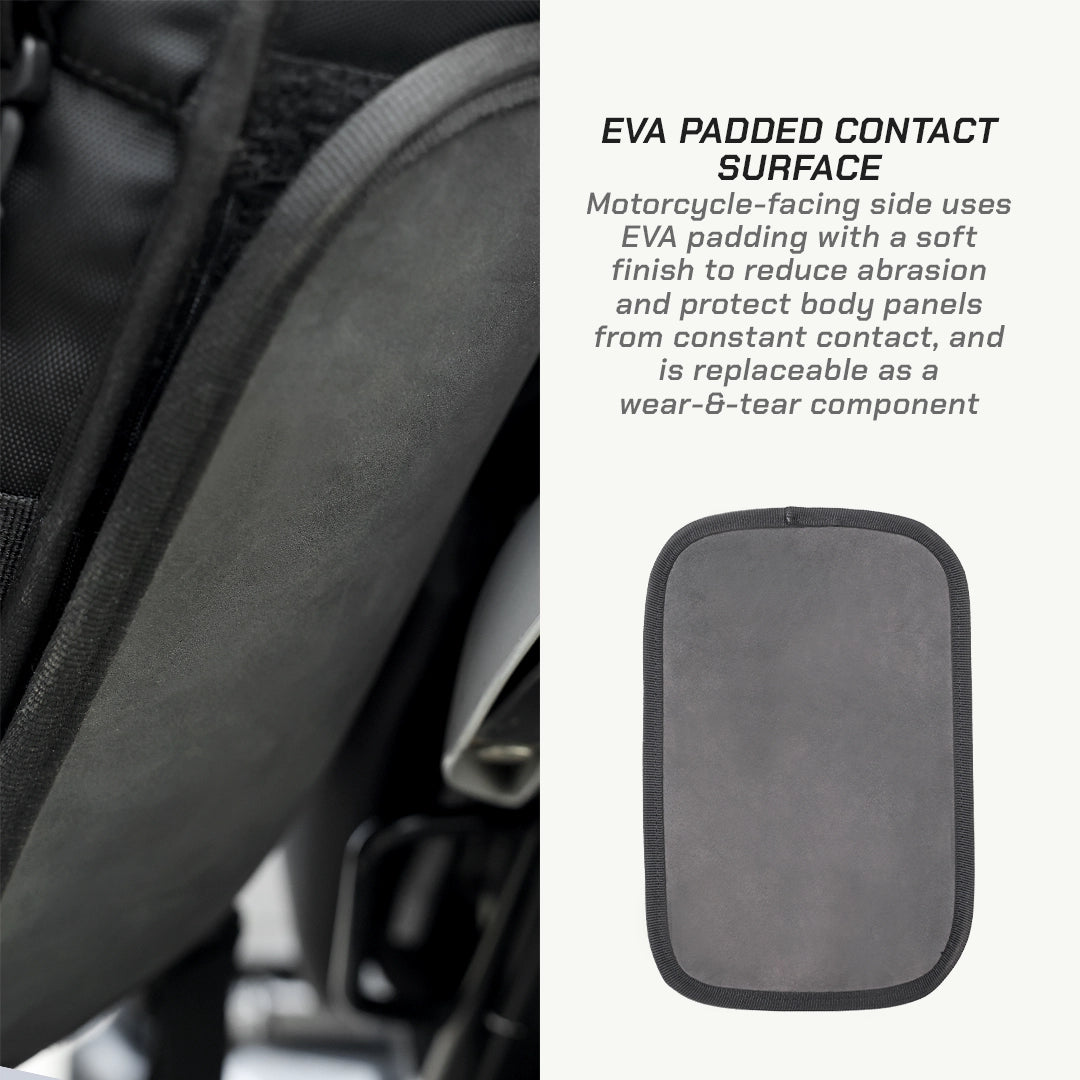 LFA Enduro Saddle Bag EVA padded contact surface on a motorcycle seat with text explaining its function.