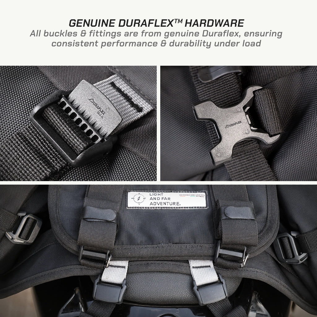 LFA Enduro Saddle Bag Close-up of Duraflex hardware on a backpack with text about its durability.