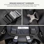 LFA Enduro Saddle Bag Close-up of Duraflex hardware on a backpack with text about its durability.