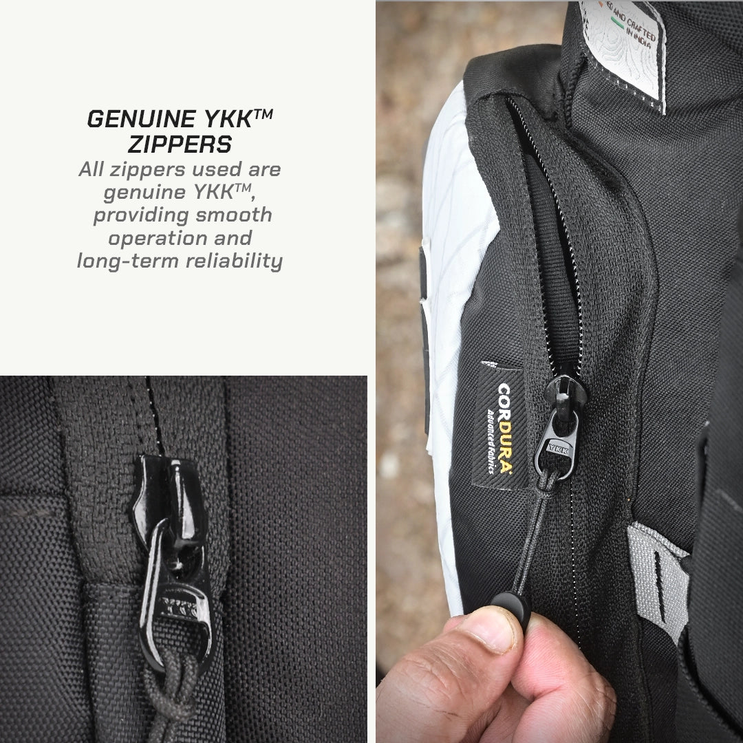 LFA Enduro Saddle Bag Close-up of a backpack with YKK zippers and Cordura material, highlighting durability.