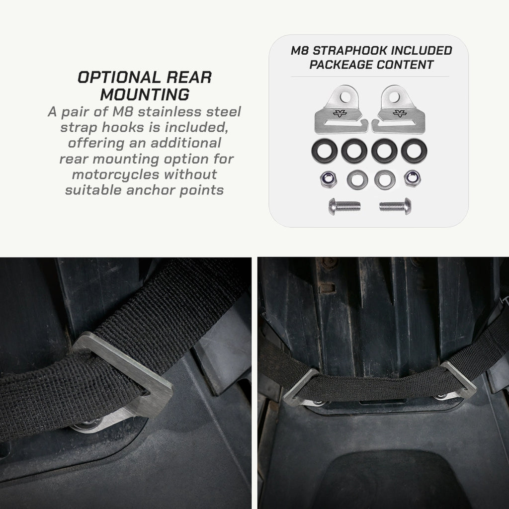 LFA Enduro Saddle Bag Motorcycle strap hook system with mounting options and included hardware.
