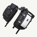 LFA-SaddleBag Two black backpacks with a visible brand logo on a white background