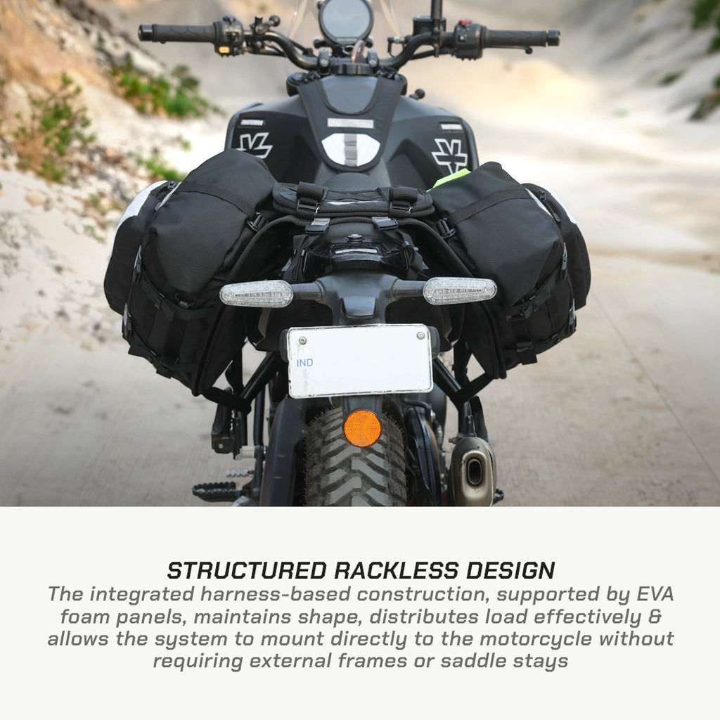 LFA-SaddleBag Motorcycle with saddlebags on a road, featuring a structured rackless design.