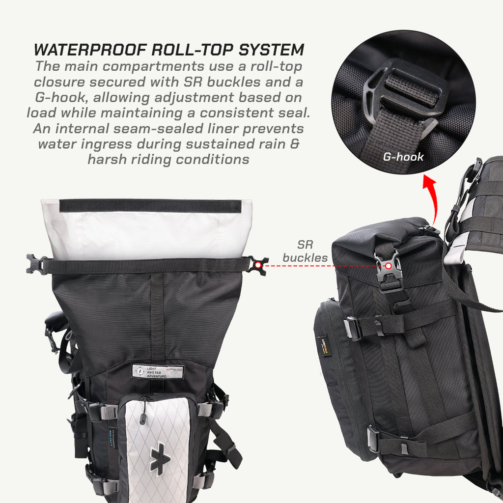 LFA-SaddleBag Backpack with waterproof roll-top system, showing SR buckles and G-hook, on a white background.