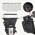LFA-SaddleBag Backpack with waterproof roll-top system, showing SR buckles and G-hook, on a white background.