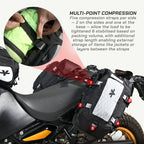 LFA-SaddleBag Motorcycle saddlebag with compression straps and text explaining multi-point compression system.