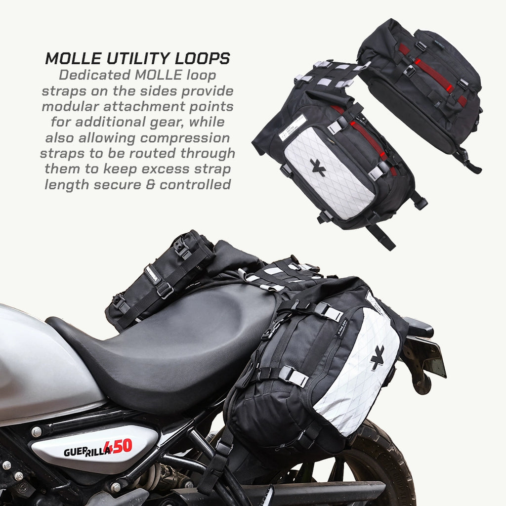 LFA-SaddleBag Motorcycle with MOLLE utility loops attached to the sides, showing attachment points for additional gear.