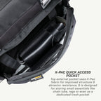 LFA-SaddleBag Black backpack with X-Pac quick access pocket and Cordura fabric label.