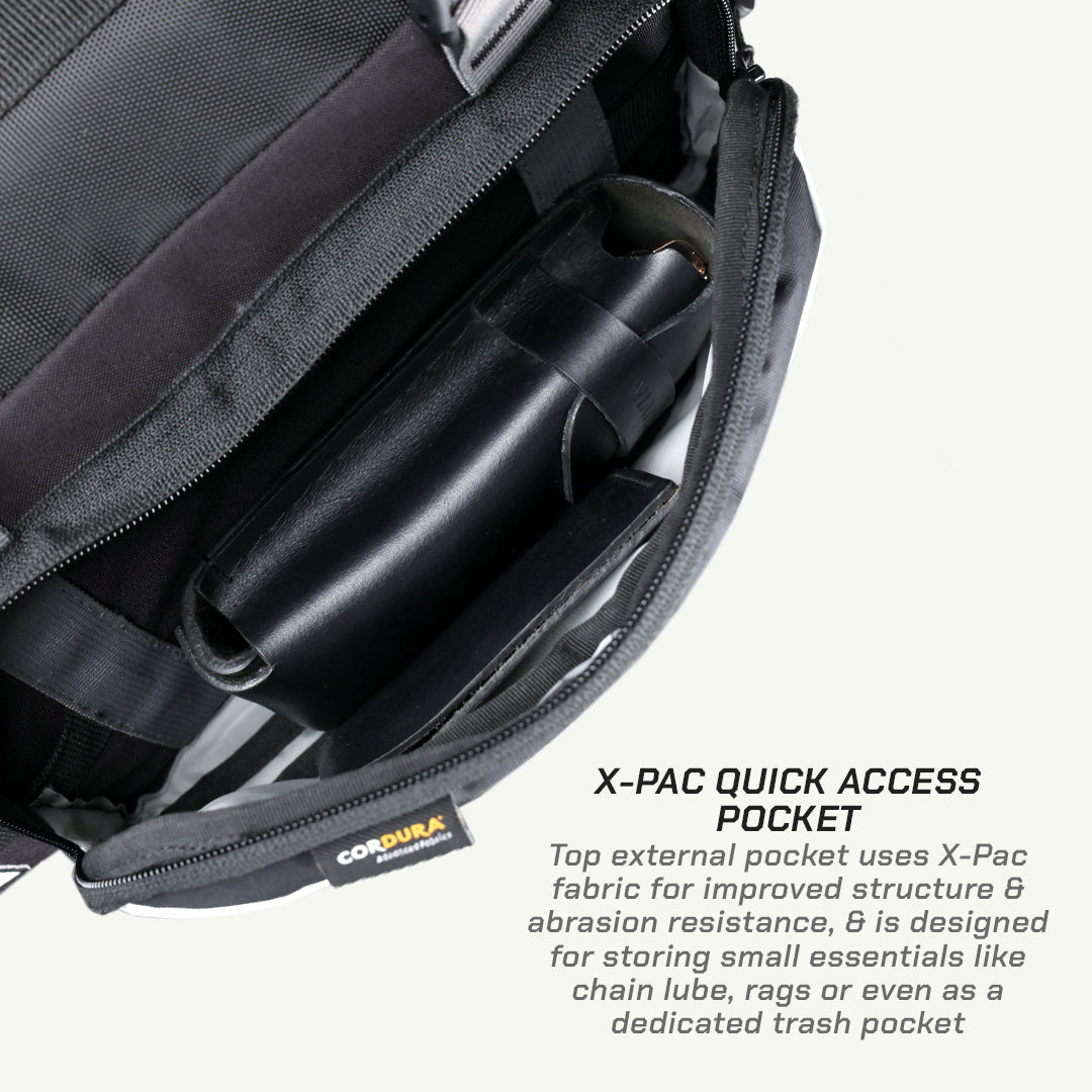 LFA-SaddleBag Black backpack with X-Pac quick access pocket and Cordura fabric label.