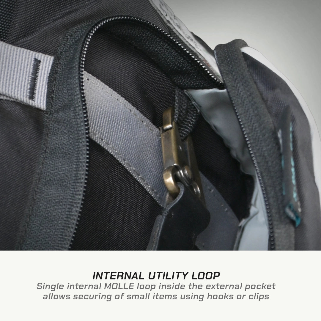 LFA-SaddleBag Close-up of a backpack with an internal MOLLE loop and text description.