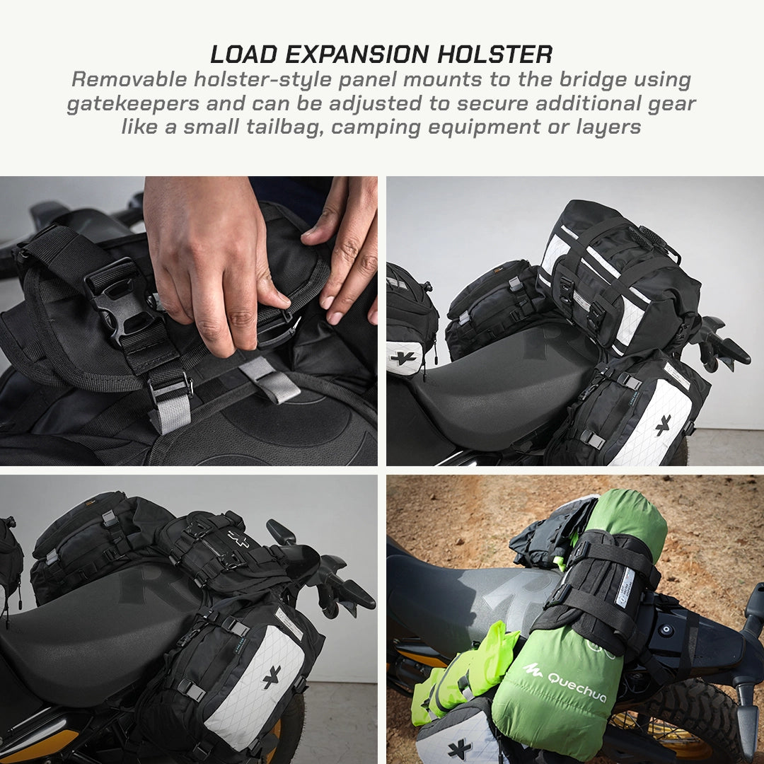 LFA-SaddleBag Load expansion holster with gatekeepers for motorcycle gear, showing installation and usage on a bike.