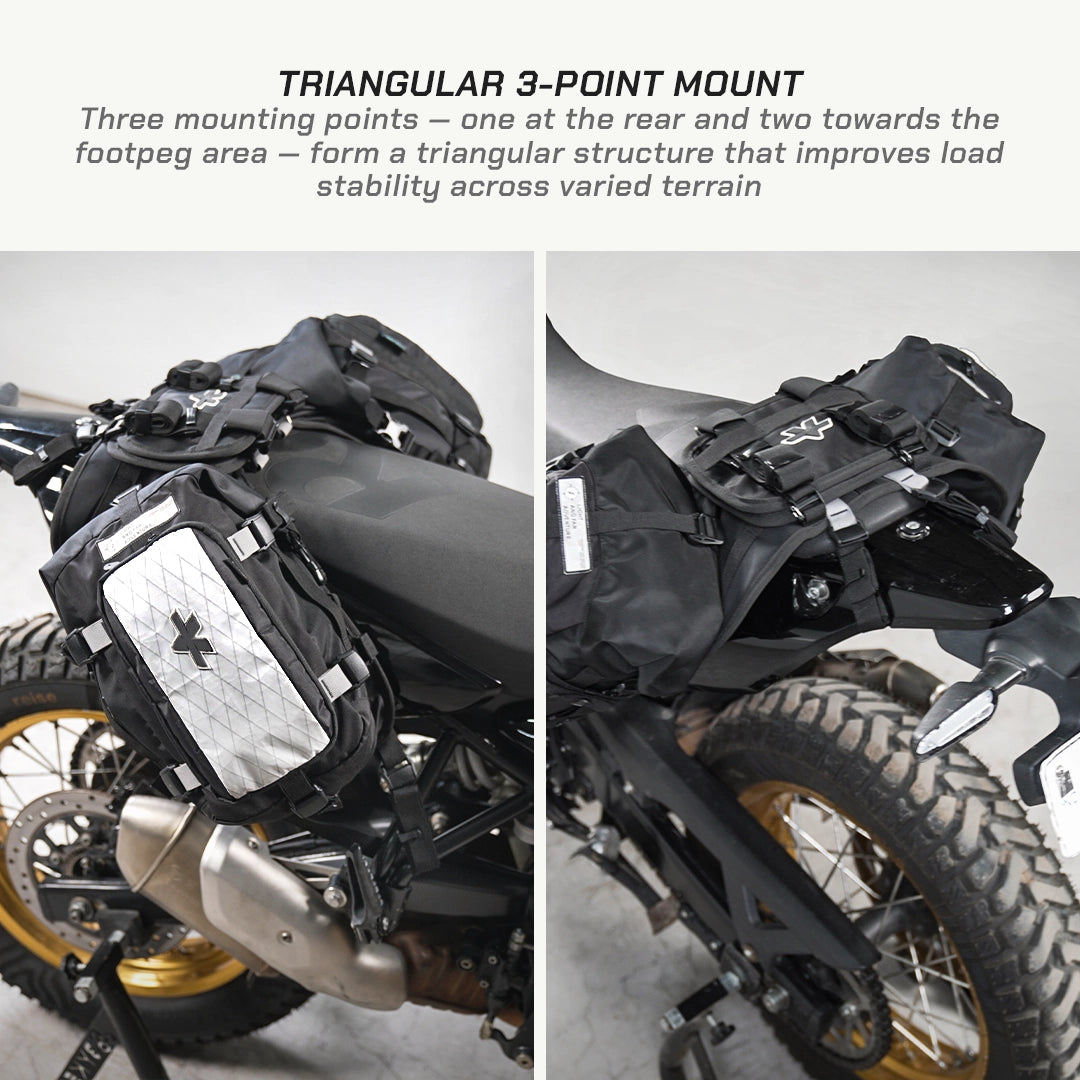 LFA-SaddleBag Motorcycle with triangular 3-point mount system on a white background