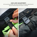 LFA-SaddleBag Cam-lock adjustment feature on a mounting strap with a hand demonstrating the process.